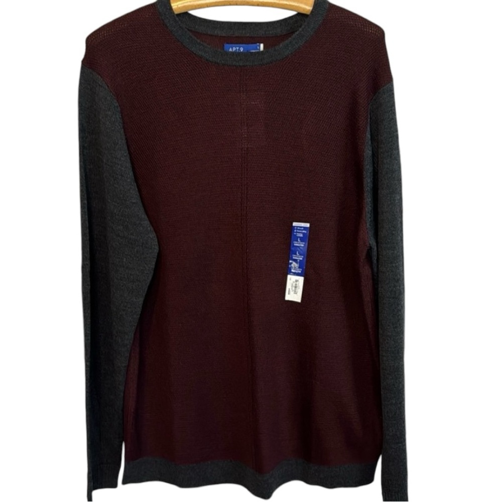 NWT Apt. 9 Men’s Burgundy/Gray‎ Merino Wool Blend Crewneck Sweater in Size L